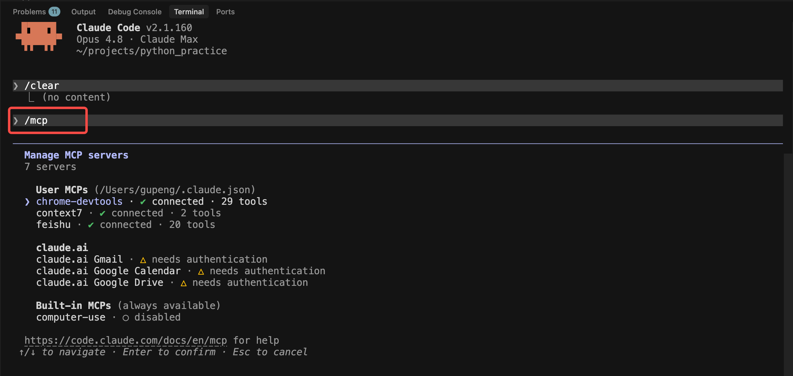 面板查看已连接的 MCP server 状态