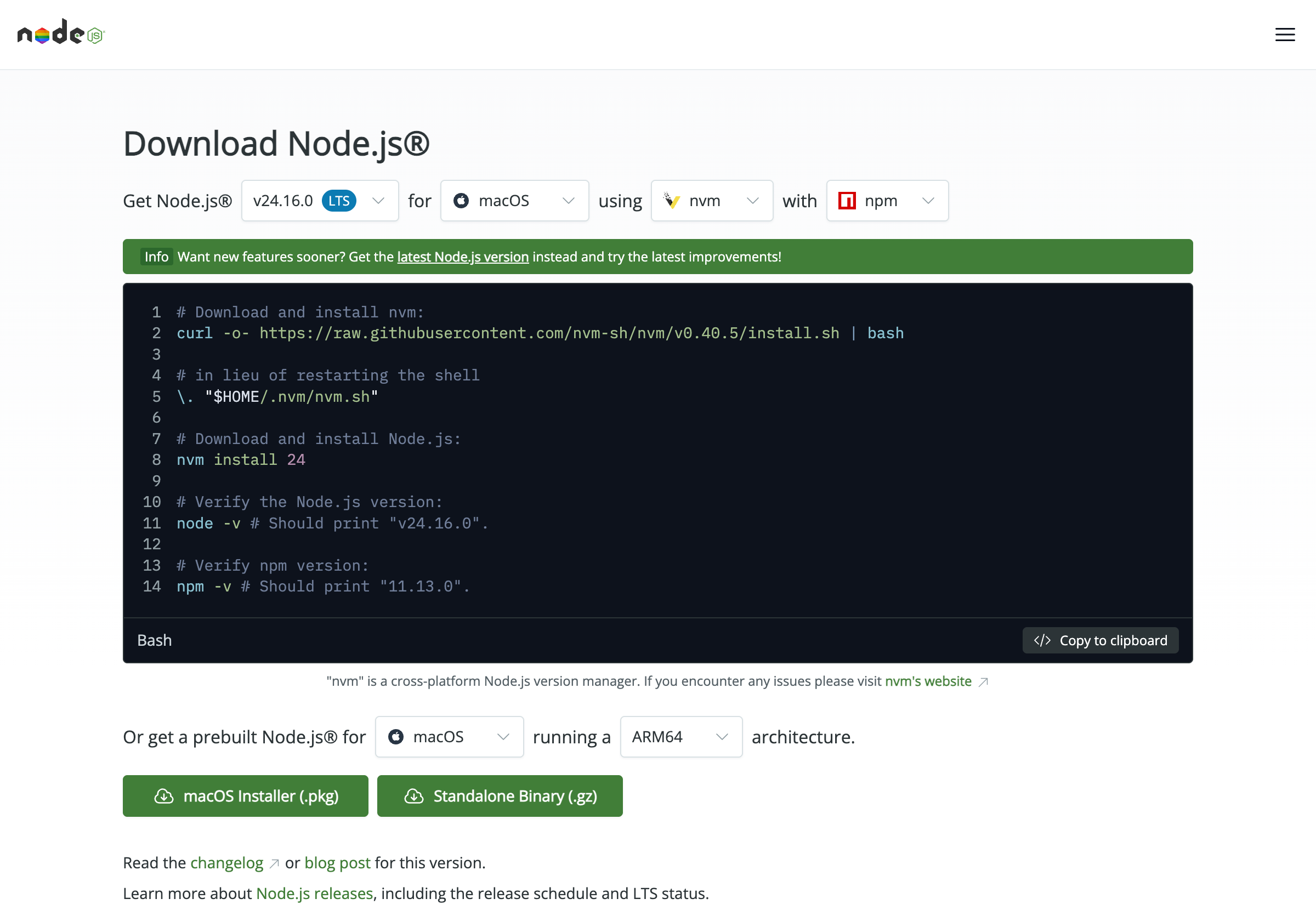 Node.js 官网下载页面,认准 LTS 版本