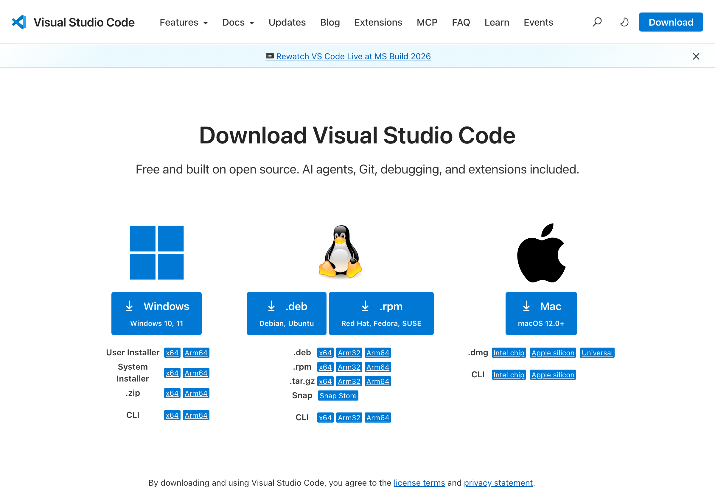 VS Code 官网下载页面,三大系统都有